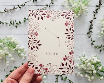 Aries Zodiac Sign Postcard - Stars Constellation - Red Floral Nature Illustrated - Flowers Leaves Notecard - Cosmic Celestial - Art Print