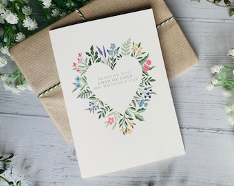 Mother's Day Card with Watercolor Floral Heart - Thoughtful Mothering Sunday Greeting - Illustrated with Botanical Flowers