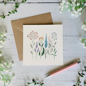 Pastell Wildblumen Grußkarte - Illustrierte kleine Blumen - Aquarell Natur Botanische Kunst Karte - Leere Innenseite - Umschlag