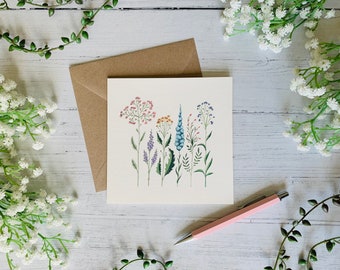 Pastel Wildflower Greeting Card - Illustrated Tiny Flowers - Watercolour Nature Botanical Art Card - Blank Inside - Envelope