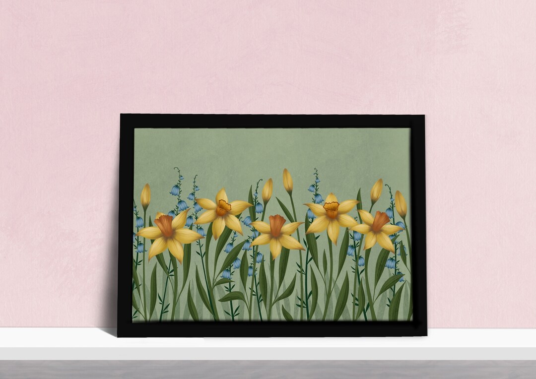 Daffodil and Bluebell Field Print - Spring Floral Art Poster - Yellow ...