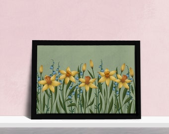 Stampa sul campo di narcisi e campanule - Poster d'arte floreale primaverile - Stampa di artisti di illustrazione di fiori gialli verdi blu - A4 o A3