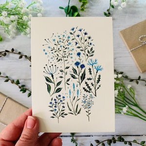 Blue Floral Postcard Set of 6 Wildflowers and Leaves Botanical Notecards Pack Nature Illustrated A6 Flower Art Cards Mini Prints image 6