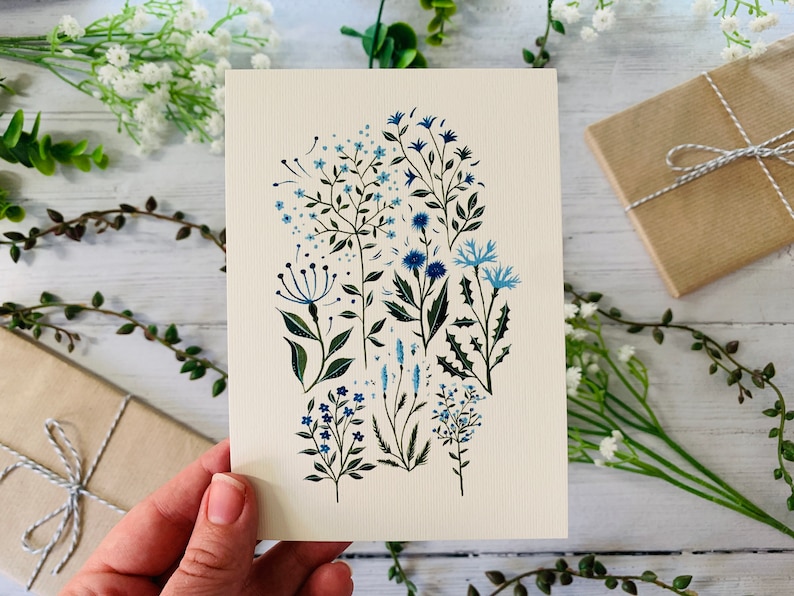 Blue Floral Postcard Set of 6 Wildflowers and Leaves Botanical Notecards Pack Nature Illustrated A6 Flower Art Cards Mini Prints image 6