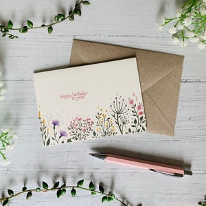 Happy Birthday To You A6 Card for Her - Pink Wildflowers Botanicals - Floral Garden Dainty Flowers - Greeting Card