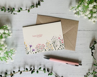 Happy Birthday To You A6 Card for Her - Pink Wildflowers Botanicals - Floral Garden Dainty Flowers - Greeting Card
