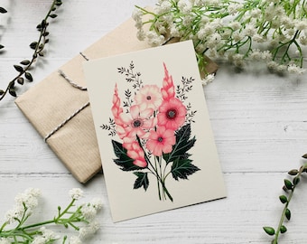 Pink Spring Bouquet Postcard - Modern Dainty Flower Bunch - Pastel Floral Nature Illustrated - Watercolour Leaves Notecard - Small Art Print