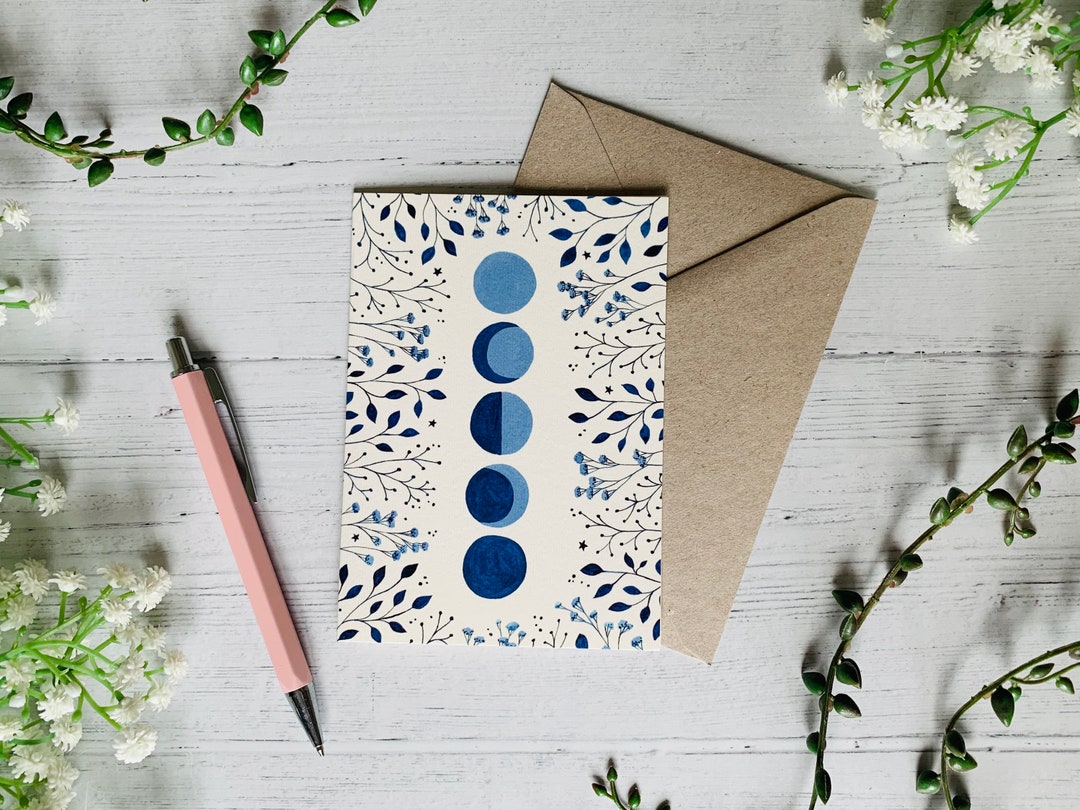 Blue Moon Phases Greeting Card - Cosmic Floral Illustration Art Card ...