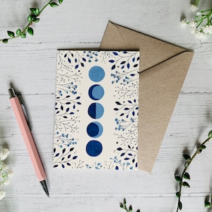 Carte de voeux phases de lune bleue - carte d'art illustration florale cosmique - espace aquarelle - cartes pour toute occasion
