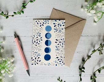 Blue Moon Phases Greeting Card - Cosmic Floral Illustration Art Card - Watercolour Space - Any Occasion Cards