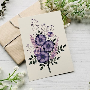Lila Flieder Bouquet Postkarte - Moderne Frühling Pastell Blumen - Florale Natur illustriert - Aquarell Blätter Notizkarte - Kleiner Kunstdruck
