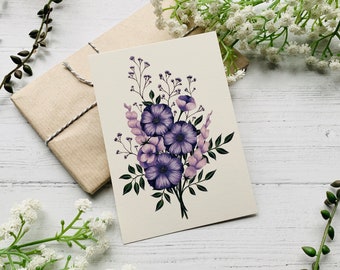 Purple Lilac Bouquet Postcard - Modern Spring Pastel Flowers - Floral Nature Illustrated - Watercolour Leaves Notecard - Small Art Print