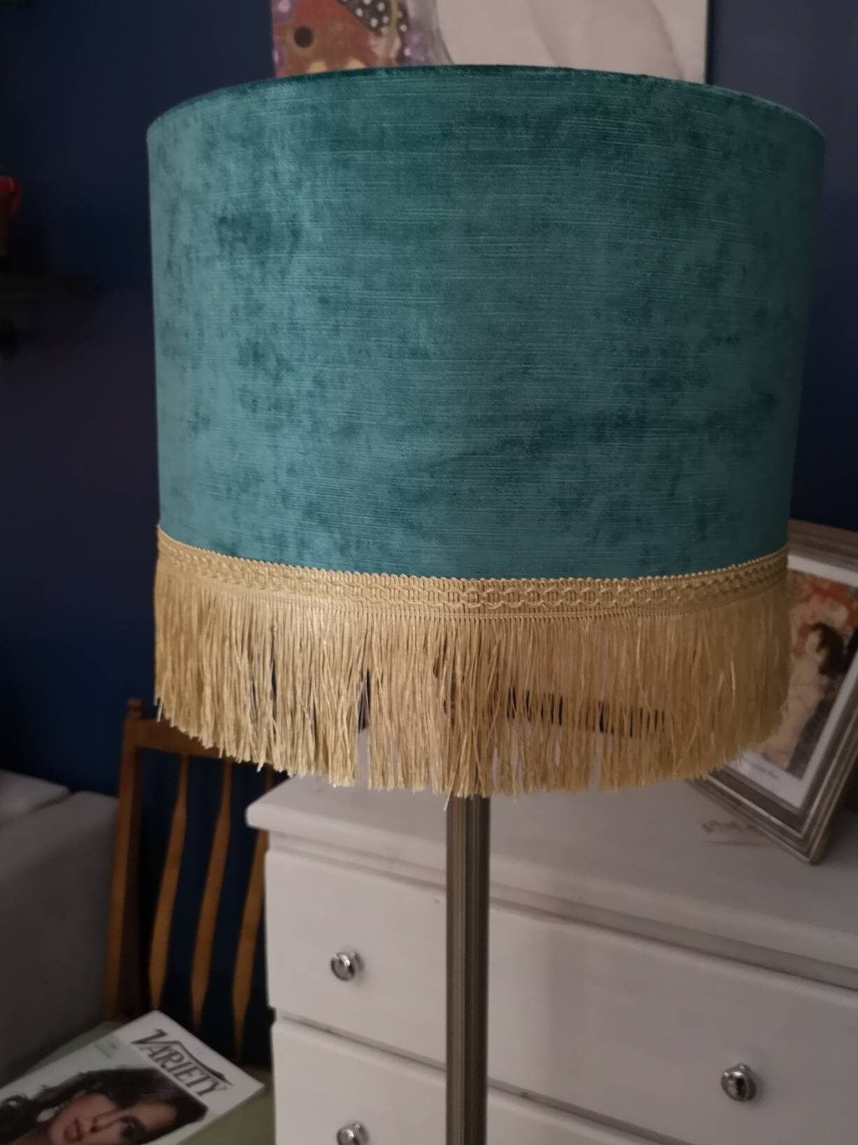 Crushed Velvet Teal Lampshade With Gold Fringe Etsy UK