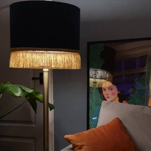 Navy blue velvet lampshade with gold fringe