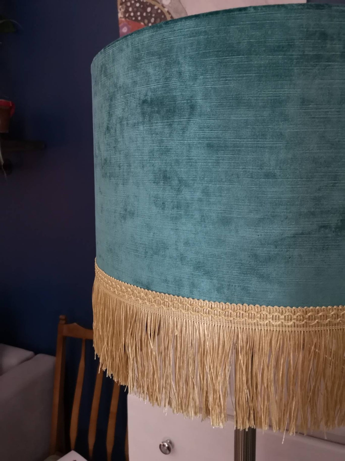 Crushed Velvet Teal Lampshade With Gold Fringe Etsy UK