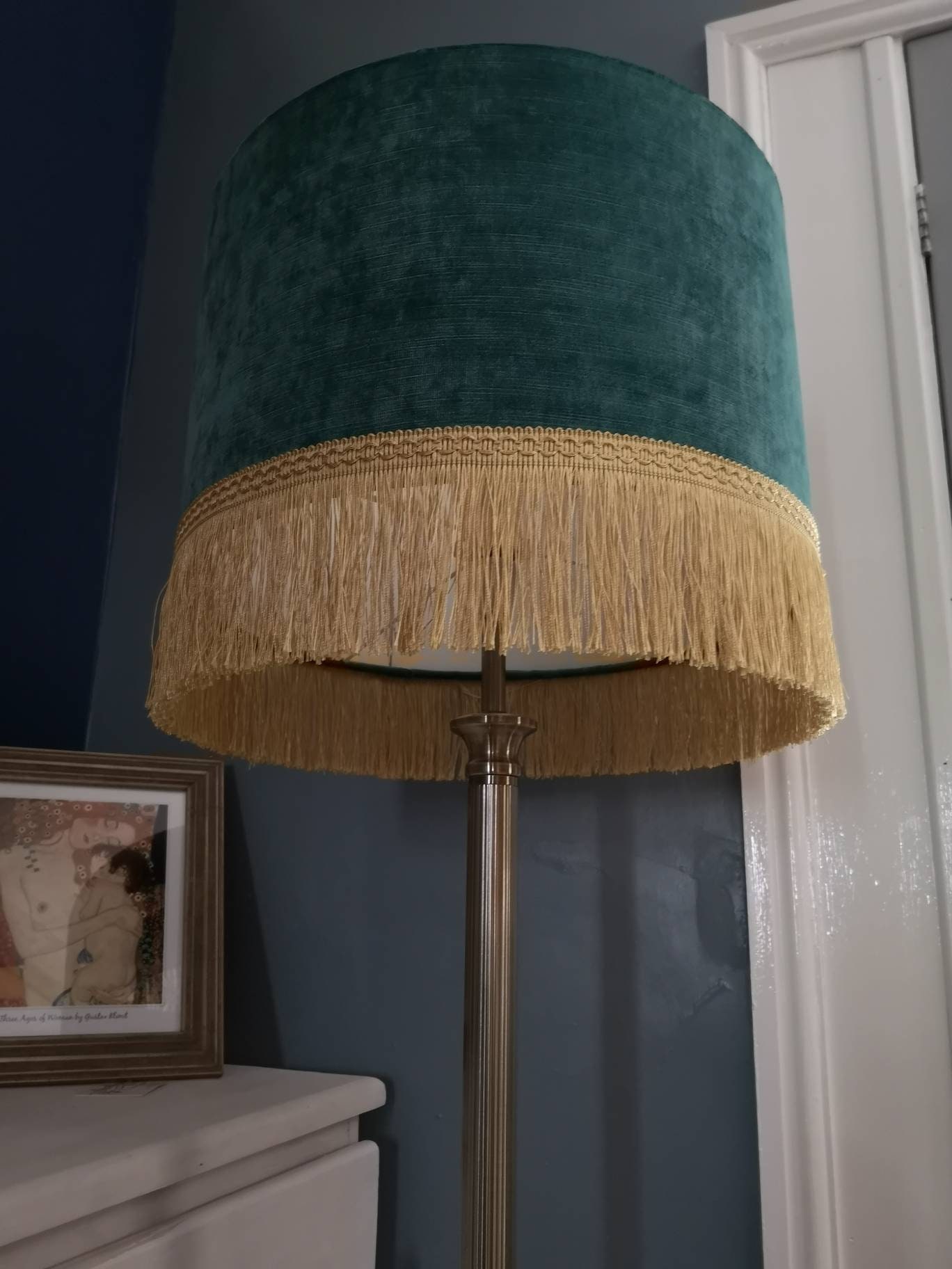 Crushed Velvet Teal Lampshade With Gold Fringe Etsy UK