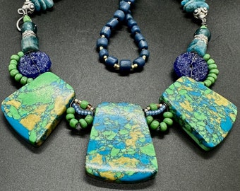 Double Stranded Green & Blue Matrix Beaded and Wired Necklace