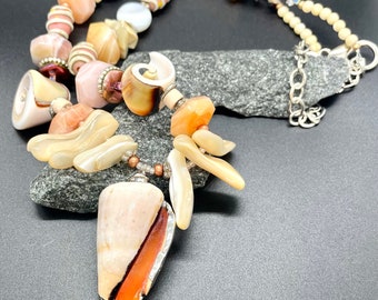 Shell and Mother of Pearl Beads and Stone Necklace