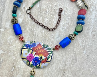 Up-cycled Vintage Serving Tray Pendant and Beaded Necklace