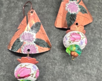 Sweet Up-cycled Vintage Tin Earrings with Roses