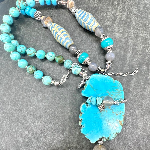 Blue Blue Turquoise Beaded Necklace and Wired Pendant