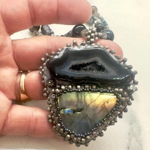 Geode Stone Sewn Pendant and Beaded Necklace