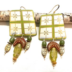 Green and White Vintage Upcycled Tin Beaded Earrings