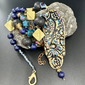 Unique Textured Polymer Clay Pendant and Beaded Necklace