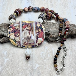 Vintage Tin Pendant with Sitting Yogi and Beaded Necklace