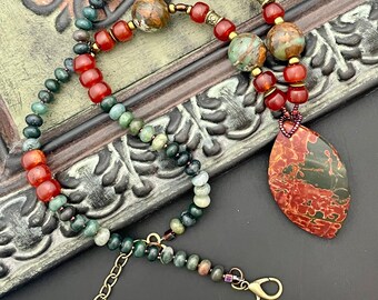Striking Natural Carnelian and Noreena Stone Pendant Necklace