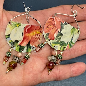 Upcycled Floral Tin Beaded Earrings