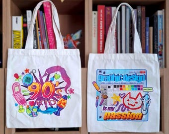 Nostalgia TOTE BAGS // Y2K 90s fabric canvas shoulder bag with nostalgic paint design Graphic Design is my passion 90s