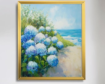 Hydrangeas Oil Painting Coastal Wall Decor INSTANT Download Floral Wall Art Hydrangea Painting on Beach