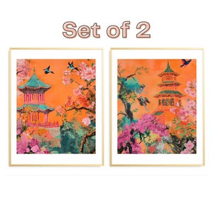 Chinoiserie Art Print | Bright Asian Art INSTANT Download | Pink Pagoda Print | Chinoiserie Birds Digital Art | Grand Millennial Wall Art
