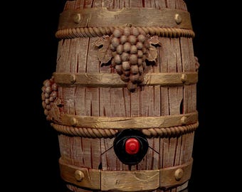 3D printed hand painted wine barrel dispenser.