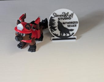 Articulated 3D printed toy German shepherd firefighter dog