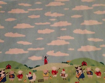 Happy Hoedown Sky baby minky blanket.  Farm animals playing instruments and having summer fun.
