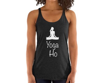 May include: A black tank top with a white silhouette of a person in a yoga pose and the text "Yoga Ho" printed on the front.