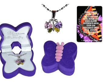 Butterfly Necklace with Cubic Zirconia Crystal Wings in Purple and Pink Velour Butterfly Jewelry Box with Butterfly Quote Card Gift Set
