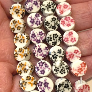 20 Ceramic Beads - 8mm Round/Flat Floral Ceramic Beads - Bracelet Beads, Necklace Beads, Ceramic Spacer Beads
