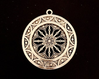 Pendentif fleur ouverte XL - Finition argent vieilli - Une pièce - Pendentif rond - Pendentif en argent