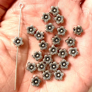 10 Flower Spacer Beads - Design Front and Back - Antique Silver Tone - Tiny Flower Beads - 6mm beads