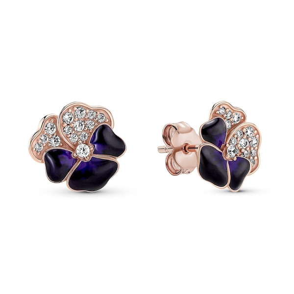 14K Rose Gold Plated - Deep Purple Pansy Flower Earrings