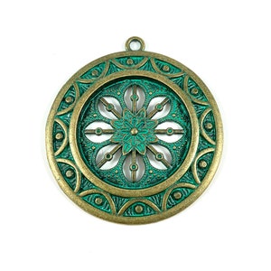 XL Open Flower Pendant - Verdigris Patina/Bronze Finish - One piece - Round Pendant - Patina Pendant