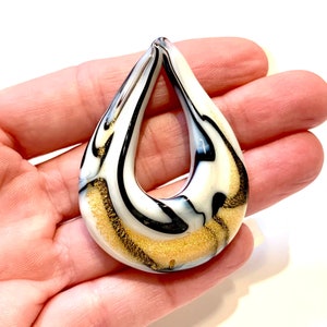 XL Gold Sand Lamp work Pendant - Handmade, White and black swirled, gold accent - Drop Pendant - Teardrop Pendant