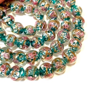 4 pcs - 12mm Handmade Lamp work Beads - Dark Cyan with Pink Swirls and Gold Sand - Stunning Glass Beads