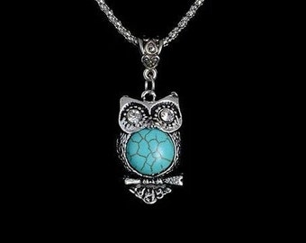 Metal pendant owl H 45 mm B 26 mm rhinestones turquoise glass stone turquoise fine link necklace old silver gift owl lover Valentine/'s Day