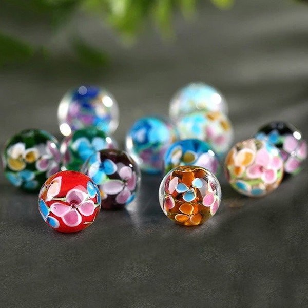 Mixed Lot -Lampwork Beads - 12mm Floral Glass Beads - Brightly Colored Beads - Floral Beads - Random Mix - Choose Quantity