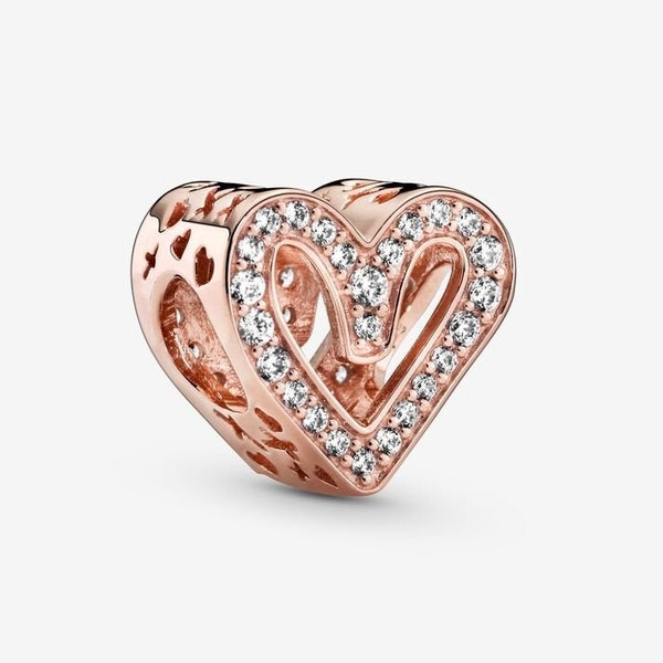 Sparkling Freehand Heart Charm - 14k Rose Gold Plated Heart Charm - Fits Pandora Charm Bracelets - European Bracelet Beads