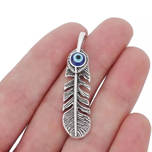 2 Lg Feather Charms with Blue Turkish Eye Glass Inlays - Tibetan Silver - Feather Pendant - Turkish Evil Eye Pendantss -